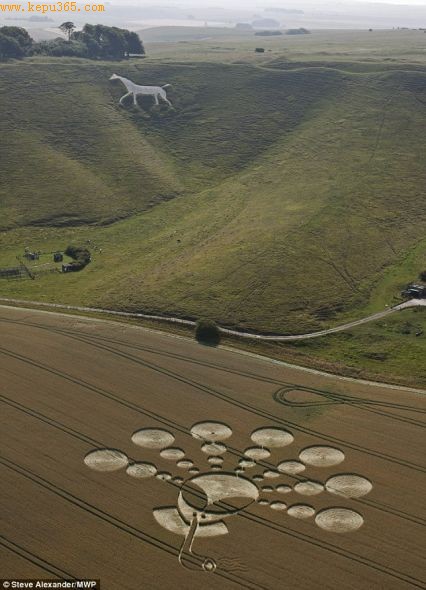 这个两周前制作的麦田怪圈旁边还有一匹远古白马怪圈，它们位于英国史前巨石阵附近