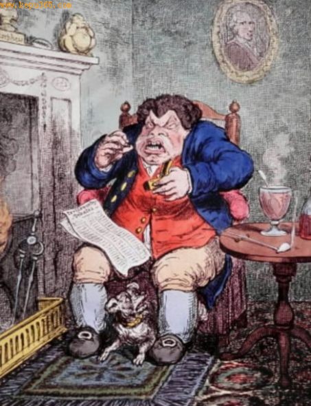 漫画家詹姆士・吉尔雷的吸鼻烟插画，似乎在科学文献中首次报道鼻癌特别肿瘤的是1761年鼻烟壶用户发现患上鼻癌。