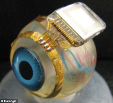 一个电脑芯片和这个眼球相连，把来自安装在一副眼镜中微型相机的信息传送给大脑。