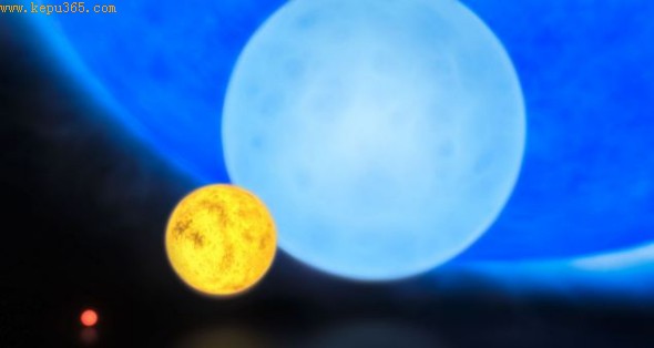 对比图：从左到右分别是最小的红矮星，较小的黄矮星（如我们的太阳），拥有8个太阳质量的蓝矮星，以及拥有300个太阳质量的超大质量恒星