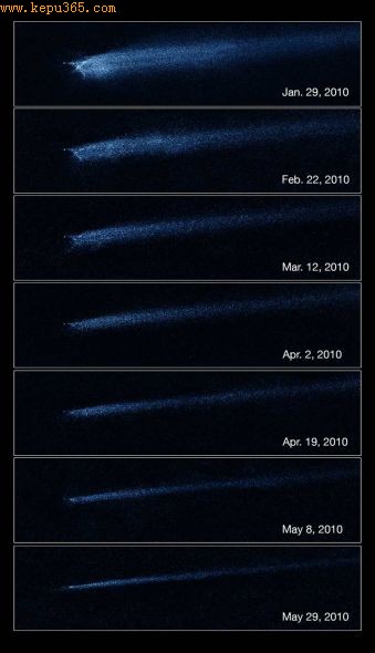 哈勃太空望远镜2010年1月至5月拍摄的一组照片，呈现了小行星相撞后的景象。照片中的天体就是P/2010 A2。两颗相撞的小行星形成了这个有X形核的怪异天体。