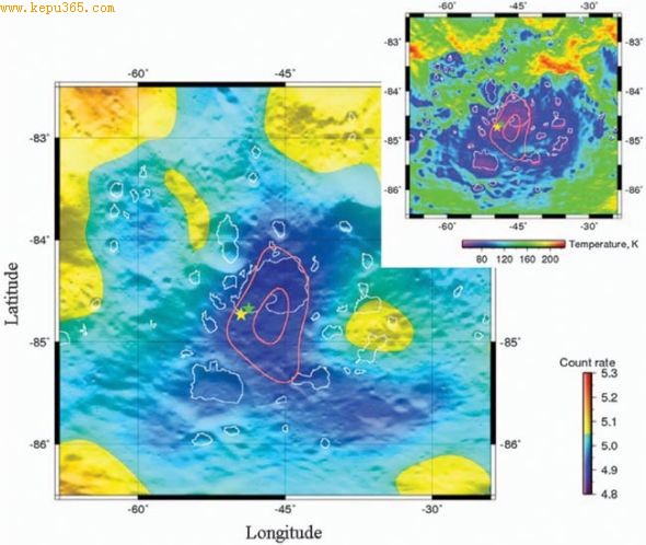 据美国宇航局月球勘测轨道飞行器的扫描图显示，月球上的卡比厄斯陨石坑里含有大量氢。紫色代表氢含量较高，红色代表这种物质含量较低。那些彩色斑点代表美国宇航局的“月球陨坑观测与遥感卫星（lcross）”任务在2009年10月撞击卡比厄斯陨石坑的位置。该任务的目的是确定这个陨石坑含有多少水。右上方的插入图代表着月球勘测轨道器(LRO)记录的卡比厄斯陨石坑里的地下温度图。