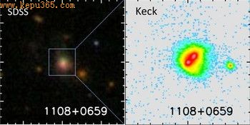 这是其中一个新近发现的“双黑洞”。左侧的图像来自斯隆数字巡天项目（SDSS）。而右侧的图像来自凯克天文台，其分辨率允许辨别出两颗紧靠在一起的活动星系核，它们的强大能量来自黑洞的驱动。