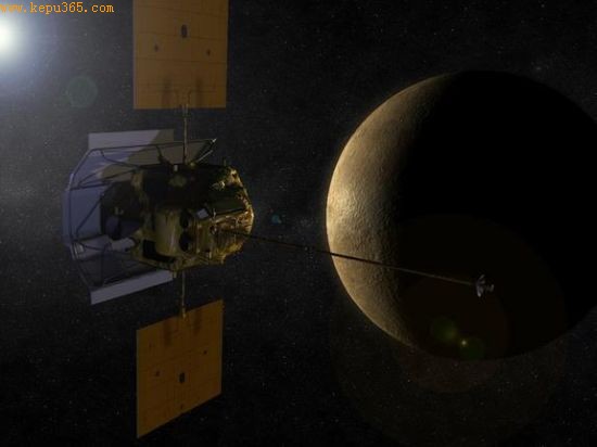 　　艺术概念图，呈现了绕水星轨道飞行的“信使”号探测器。