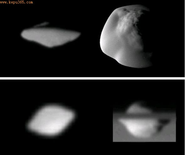 美国宇航局卡西尼探测器拍摄到了这两颗卫星的近距离照片。上栏为土卫十五(Atlas)，下栏是土卫十八(Pan)。科学家们现在认为它们极可能是和光环同时形成的