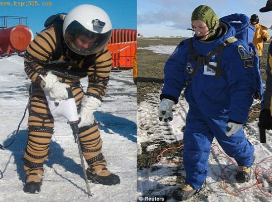 左图中，测试组的一名成员正在测试钻探技术，未来的宇航员可能在火星上利用这项技术采集样本。右图中，一名身穿另一款航天服的测试组成员走在南极洲的永久冻结带上。