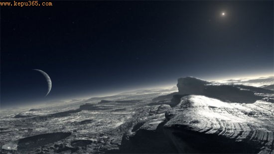 这是一幅艺术想象图，在冥王星表面可能看到的情景。在其地表可以看到一层凝结的白色固态甲烷。左侧的星球是冥王星最大的卫星查龙，而右侧天空中的亮点则是远处的太阳。