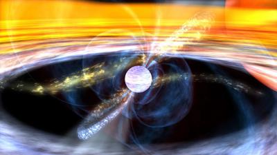 围绕着一种脉冲星（中子星的一种）的模糊蓝色轮廓反映出了这颗脉冲星的强磁场
