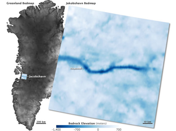 每日卫星照：雅各布冰川下面的深谷