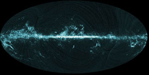 普朗克项目组绘制的另一幅全天图，揭示了宇宙中的一氧化碳，可用于探测分子云。巨大的分子云主要由氢构成，是一个温度极低的恒星形成区 