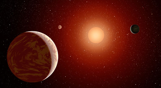 艺术家描绘的一颗年轻红矮星被三颗行星所环绕，这样的恒星比太阳更加昏暗，但最新研究表明红矮星更适宜生命体的存在