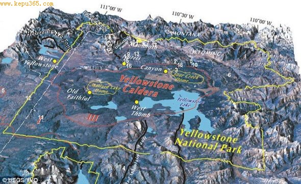 位于美国怀俄明州的黄石国家公园破火山口（红线圈起的区域）是世界上最大的超级火山